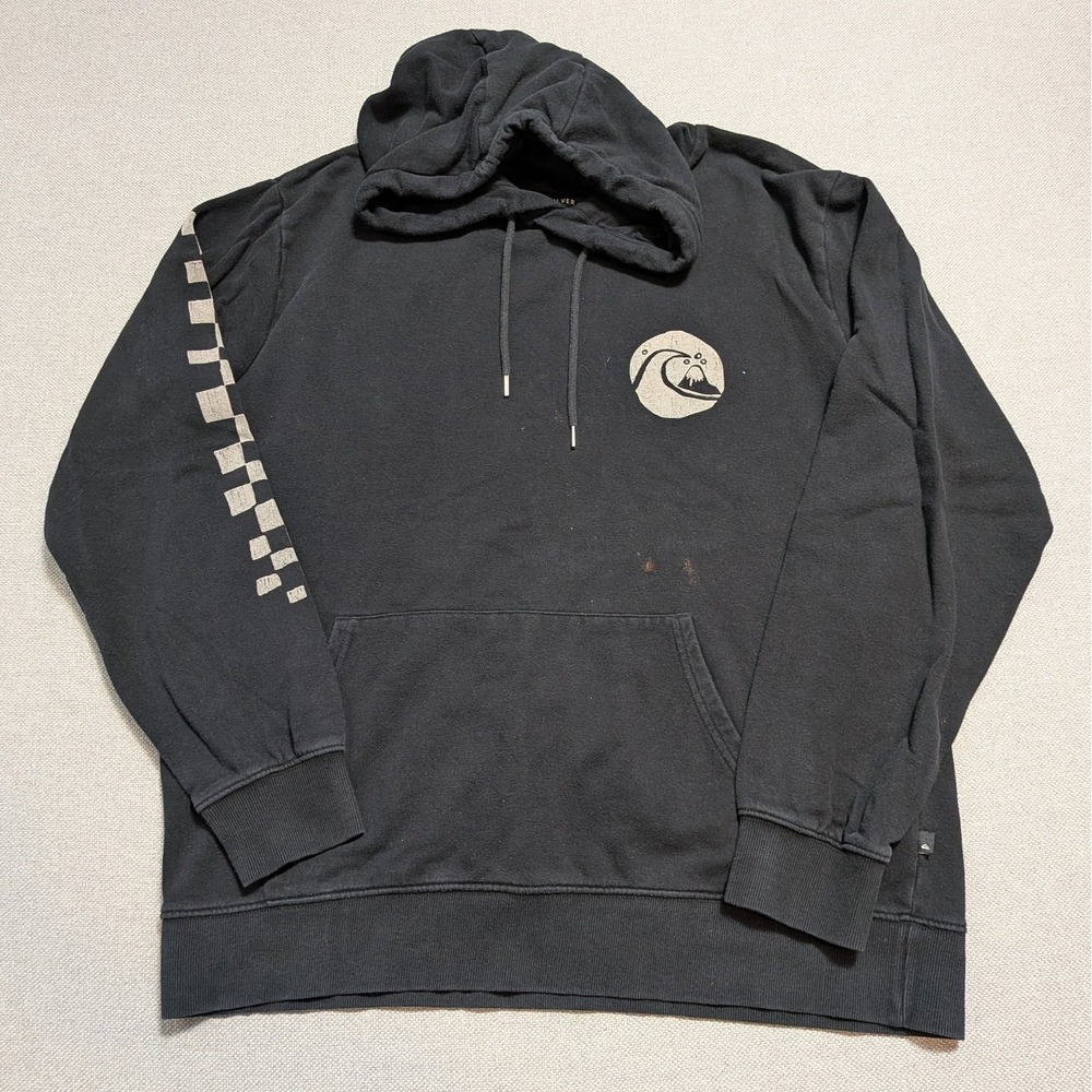 Quiksilver Hoodie Men's Black XXL Pullover Surf Grunge Y2K Style Logo Distressed